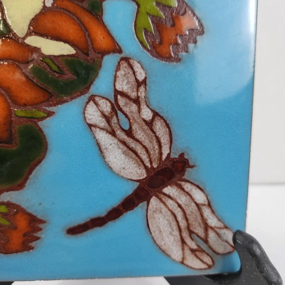 Dragonfly and Flowers Hand Painted Clay Tile Art w Fired Glazed Finish 6x6
